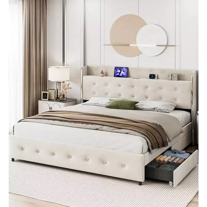 Queen Bed Frame with 4 Storage Drawers, Velvet Upholstered Platform Bed Frame, Wooden Slats Support, No Box Spring Needed, 1000lbs Support, Beige