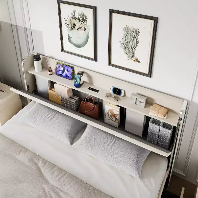 Cadre de lit Queen avec 4 tiroirs de rangement, cadre de lit plateforme en velours, support à lattes en bois, pas besoin de sommier, support de 450 kg, beige