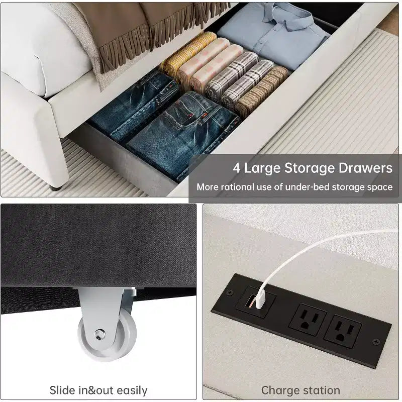 Cadre de lit Queen avec 4 tiroirs de rangement, cadre de lit plateforme en velours, support à lattes en bois, pas besoin de sommier, support de 450 kg, beige