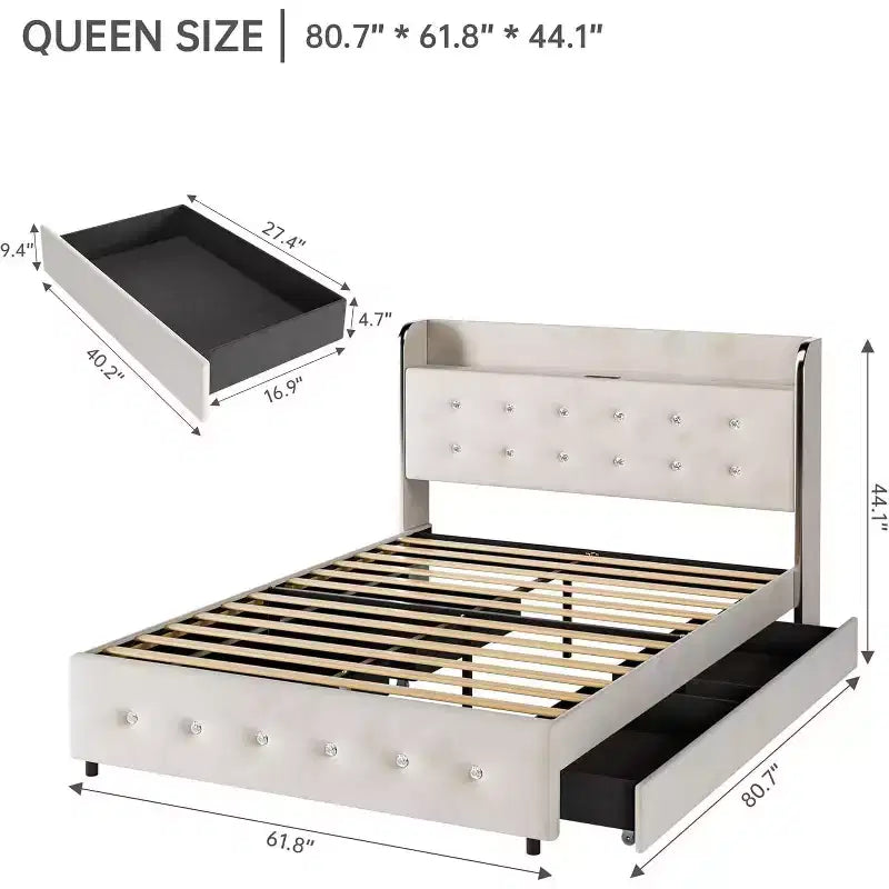Cadre de lit Queen avec 4 tiroirs de rangement, cadre de lit plateforme en velours, support à lattes en bois, pas besoin de sommier, support de 450 kg, beige