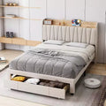 Full/Queen Size Upholstered Bed Frame with Storage Headboard, Drawer, Charging Station, Linen Platform, No Box Spring Needed