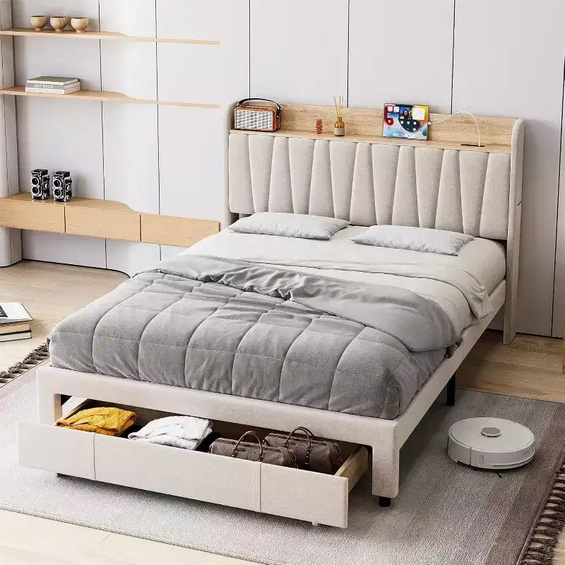 Full/Queen Size Upholstered Bed Frame with Storage Headboard, Drawer, Charging Station, Linen Platform, No Box Spring Needed