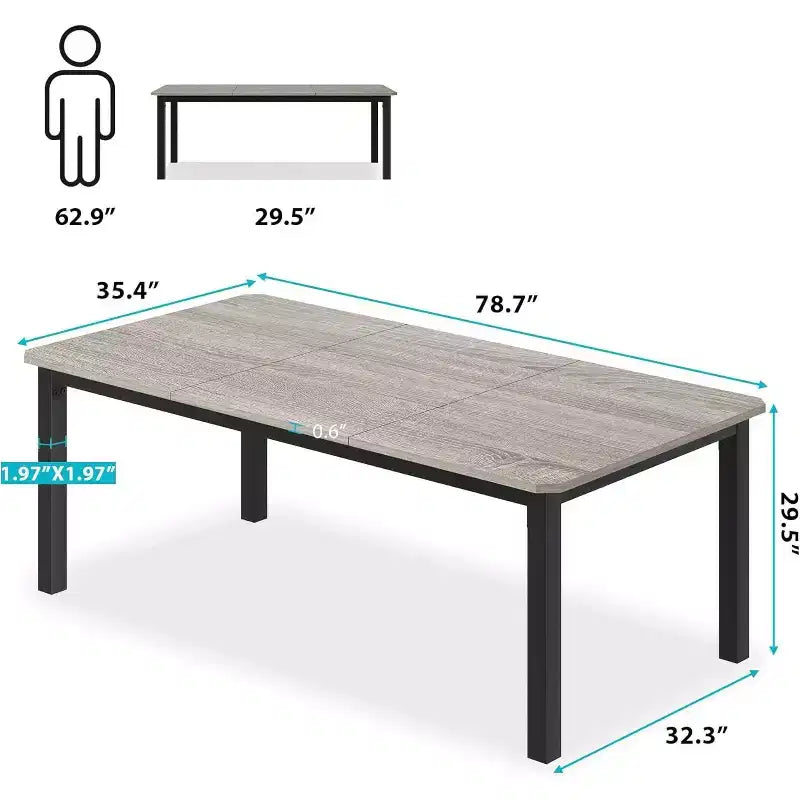 Table à Manger Industrielle pour 6-8 Personnes, Grande Table de Cuisine en Bois de 200 cm avec Cadre Métallique Robuste