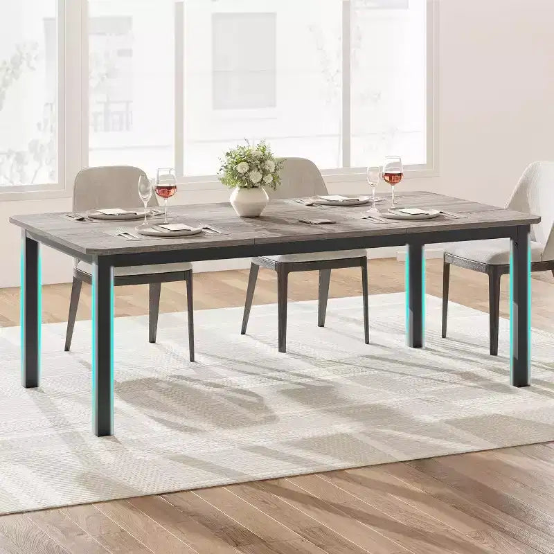 Table à Manger Industrielle pour 6-8 Personnes, Grande Table de Cuisine en Bois de 200 cm avec Cadre Métallique Robuste