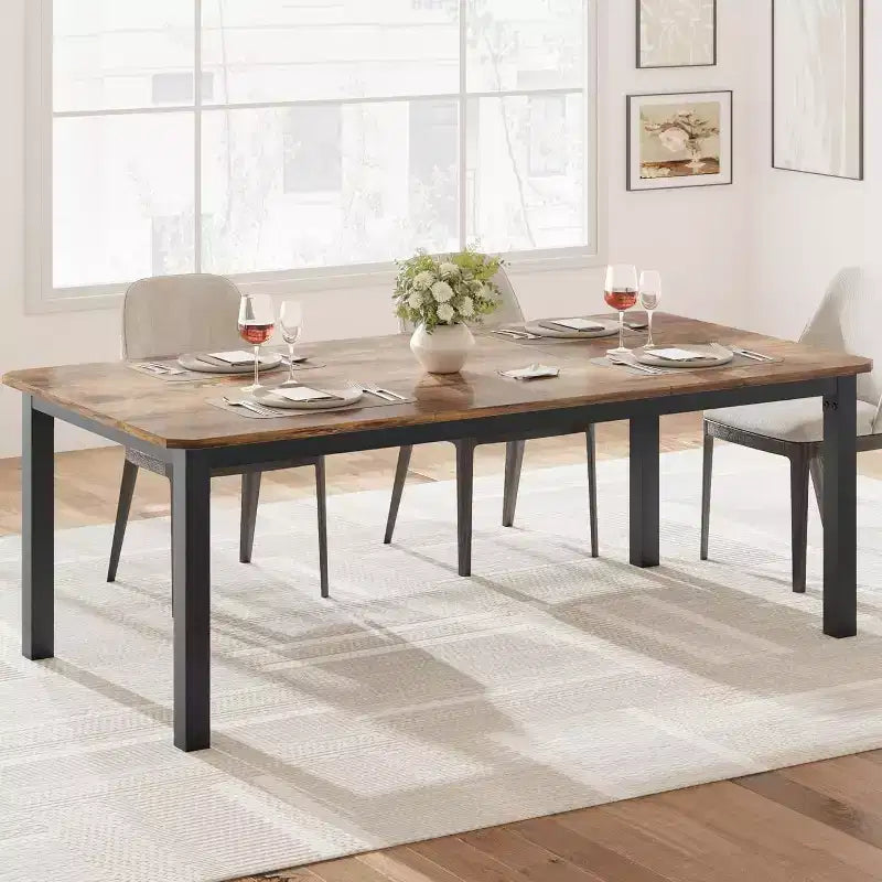 Table à Manger Industrielle pour 6-8 Personnes, Grande Table de Cuisine en Bois de 200 cm avec Cadre Métallique Robuste