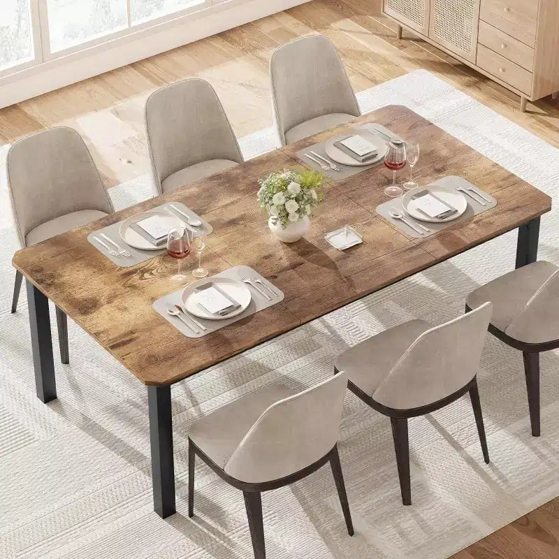 Table à Manger Industrielle pour 6-8 Personnes, Grande Table de Cuisine en Bois de 200 cm avec Cadre Métallique Robuste