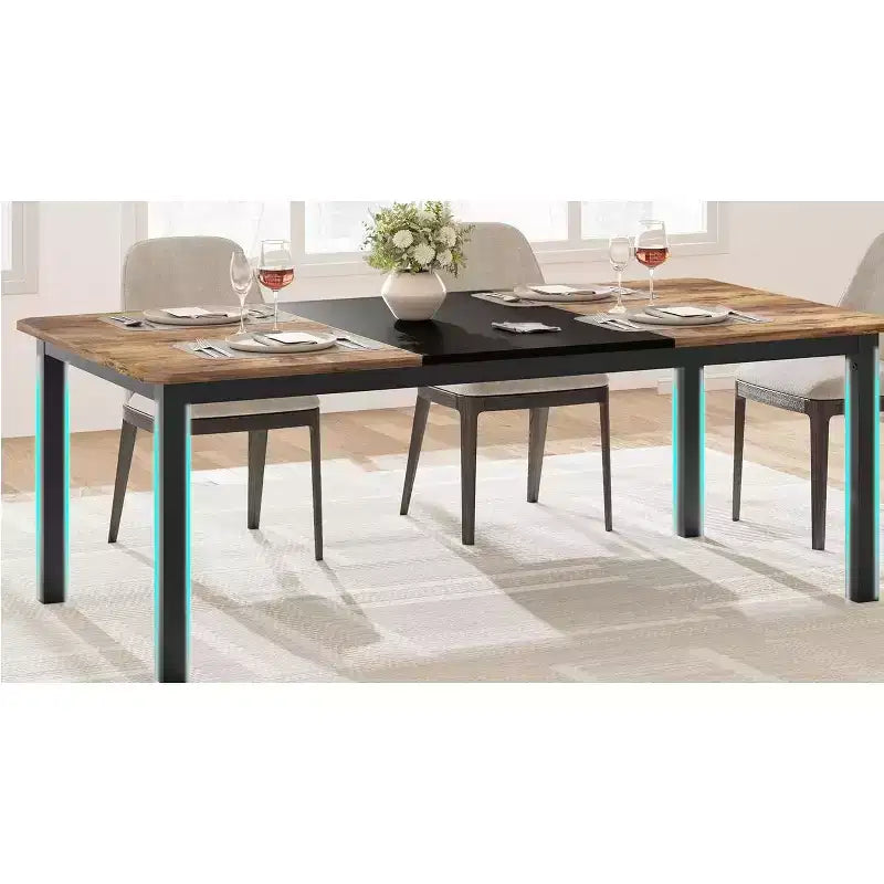 Table à Manger Industrielle pour 6-8 Personnes, Grande Table de Cuisine en Bois de 200 cm avec Cadre Métallique Robuste