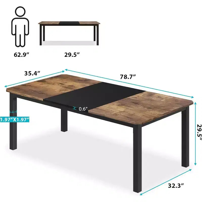 Table à Manger Industrielle pour 6-8 Personnes, Grande Table de Cuisine en Bois de 200 cm avec Cadre Métallique Robuste