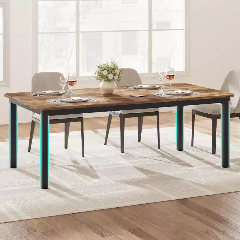 Table à Manger Industrielle pour 6-8 Personnes, Grande Table de Cuisine en Bois de 200 cm avec Cadre Métallique Robuste