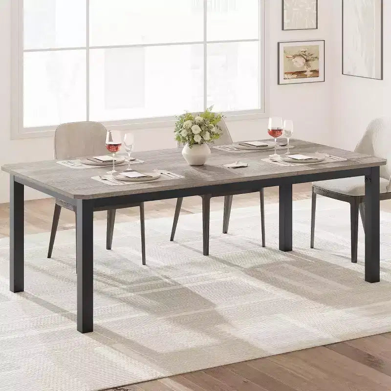 Table à Manger Industrielle pour 6-8 Personnes, Grande Table de Cuisine en Bois de 200 cm avec Cadre Métallique Robuste