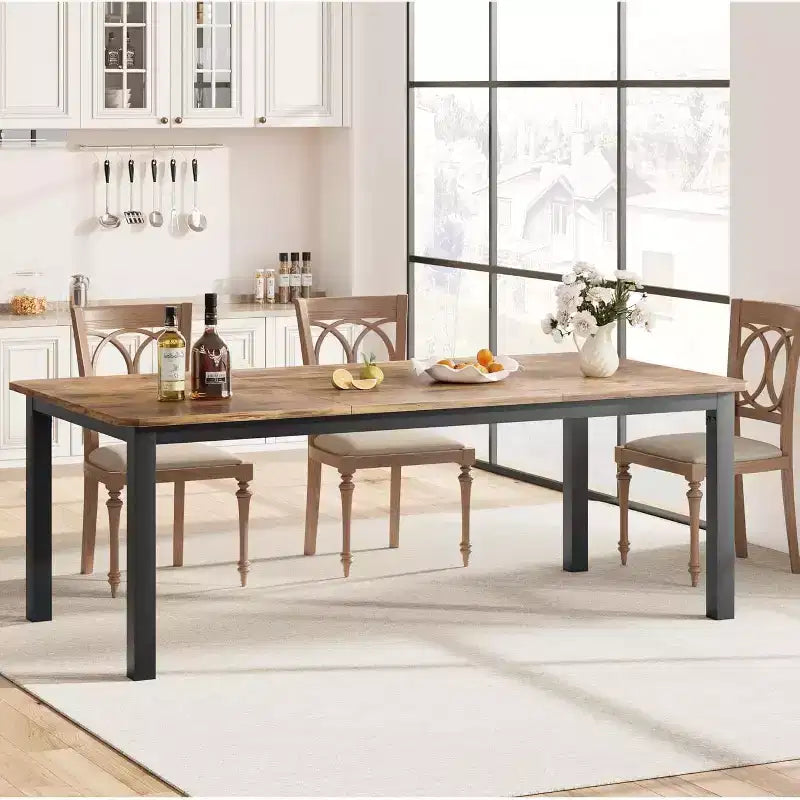 Table à Manger Industrielle pour 6-8 Personnes, Grande Table de Cuisine en Bois de 200 cm avec Cadre Métallique Robuste