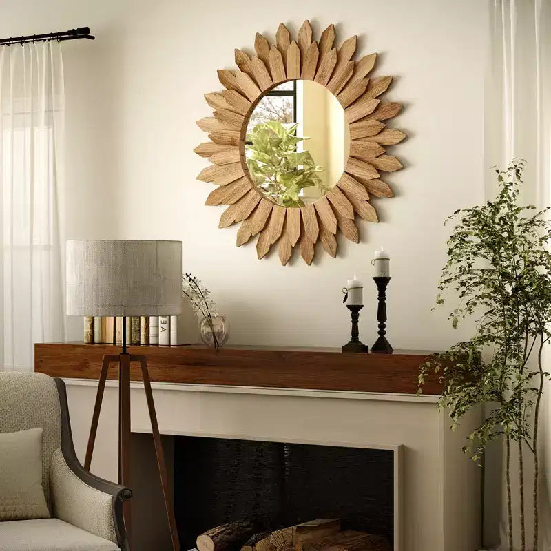 Miroir mural tournesol rond de 20 po, cadre en bois décoratif bohème, miroir mural pour coiffeuse ou salle de bain pour salon, entrée, chambre à coucher