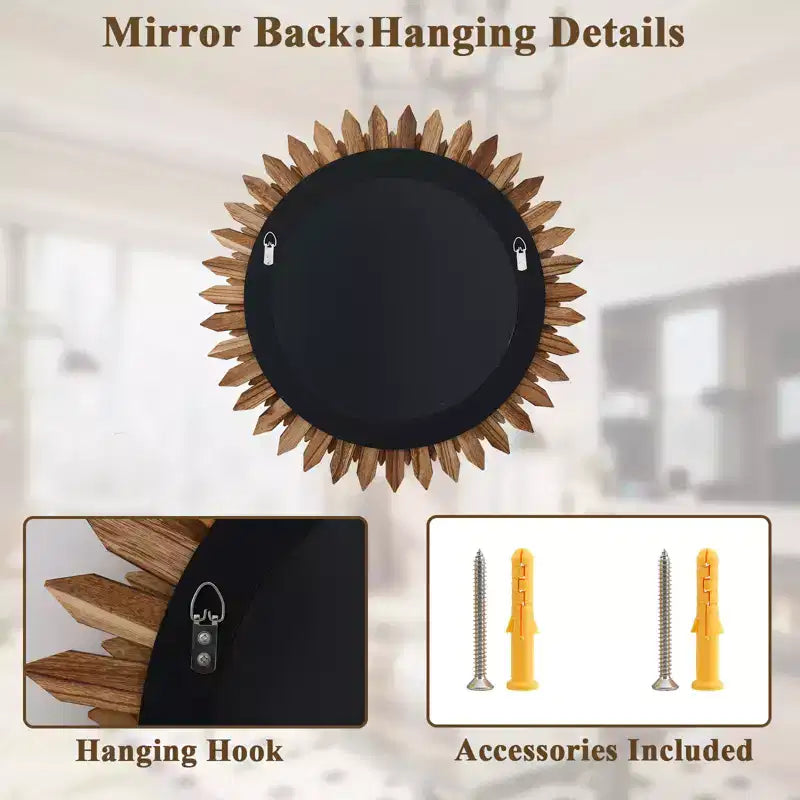 Miroir mural tournesol rond de 20 po, cadre en bois décoratif bohème, miroir mural pour coiffeuse ou salle de bain pour salon, entrée, chambre à coucher