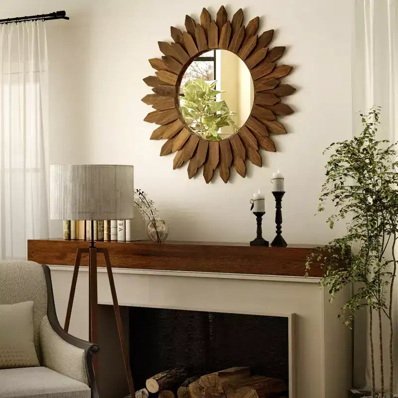 Miroir mural tournesol rond de 20 po, cadre en bois décoratif bohème, miroir mural pour coiffeuse ou salle de bain pour salon, entrée, chambre à coucher