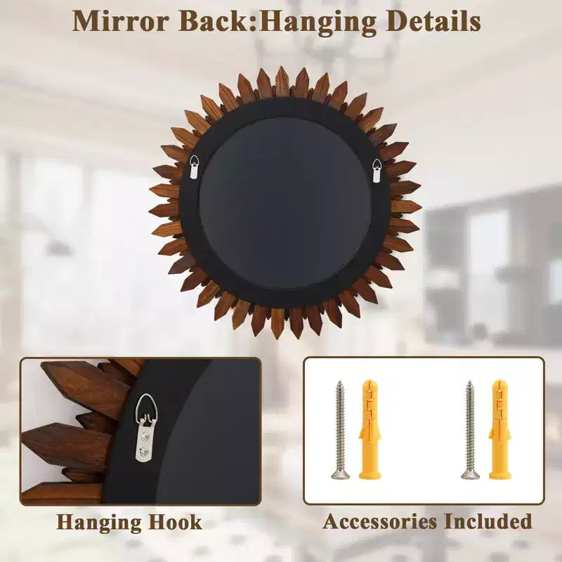 Miroir mural tournesol rond de 20 po, cadre en bois décoratif bohème, miroir mural pour coiffeuse ou salle de bain pour salon, entrée, chambre à coucher