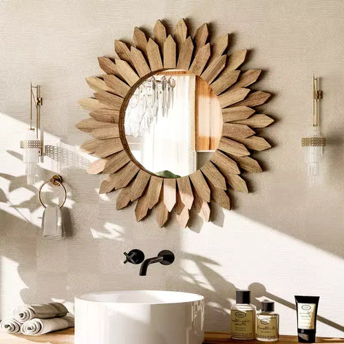 Miroir mural tournesol rond de 20 po, cadre en bois décoratif bohème, miroir mural pour coiffeuse ou salle de bain pour salon, entrée, chambre à coucher