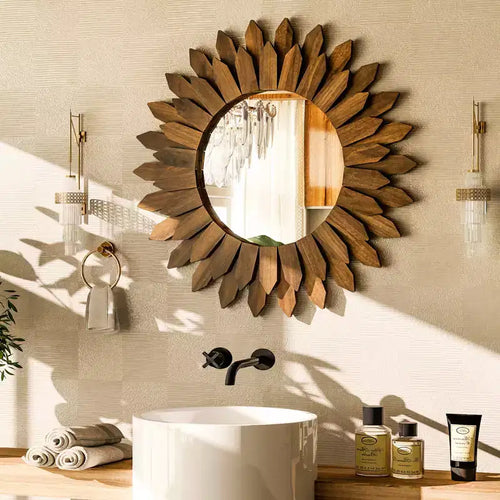 BEAUTYPEAK 20 Round Sunflower Wall Mirror, Boho Decorative Wood Frame, Vanity or Bathroom Wall Mirror for Living Room, Entryway, Bedroom