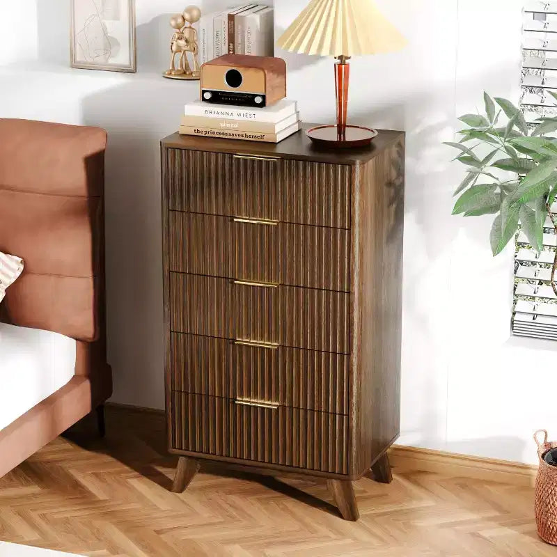 VINGLI Fluted Tall Dresser 5 Drawer, 23.66 W Chest of Drawers, Walnut Wood Dresser for Bedroom Mid Century Modern