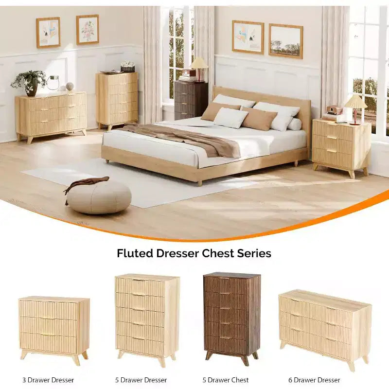 Commode haute cannelée à 5 tiroirs, commode de 60 cm de large, commode en bois de noyer pour chambre à coucher de style moderne du milieu du siècle