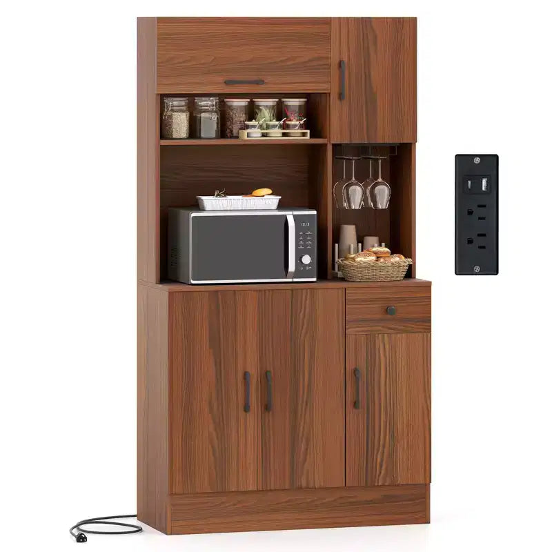 Costway 66 Pantry Cabinet Tall Kitchen Storage Cabinet with Charging Station Brown