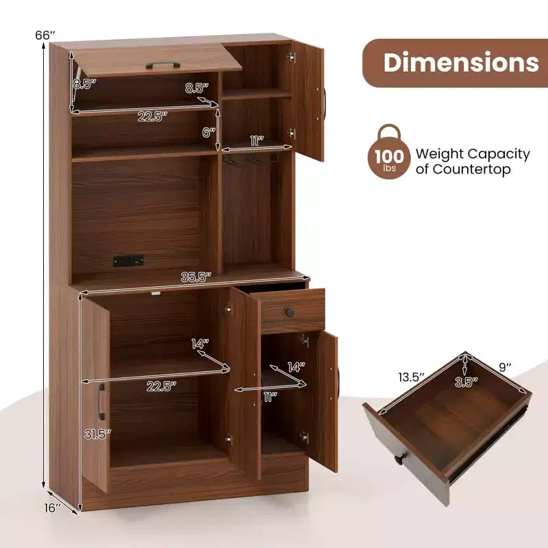 Meuble de rangement haut de cuisine 66 Pantry Cabinet avec station de charge Marron