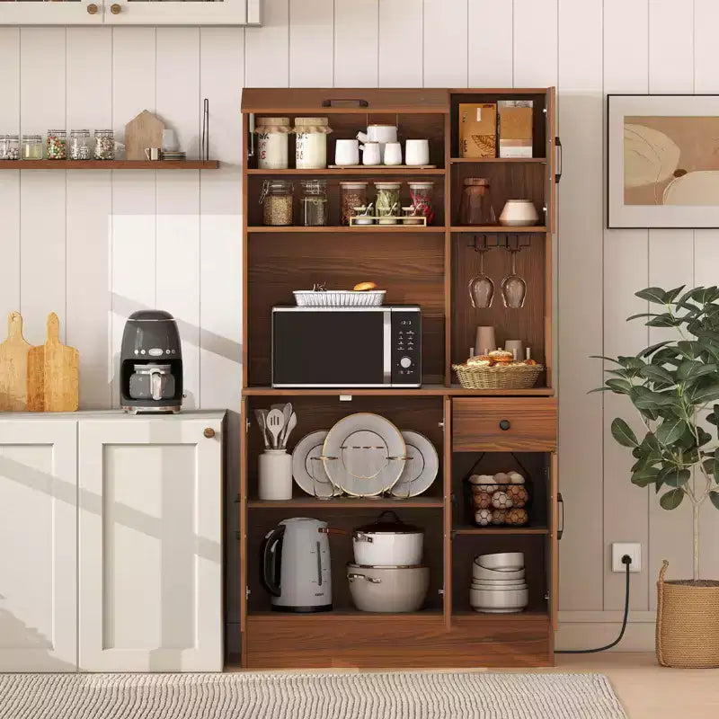 Meuble de rangement haut de cuisine 66 Pantry Cabinet avec station de charge Marron