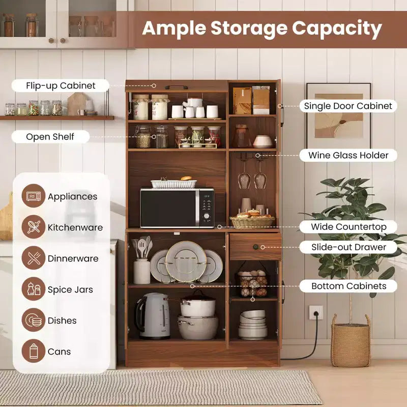 Meuble de rangement haut de cuisine 66 Pantry Cabinet avec station de charge Marron