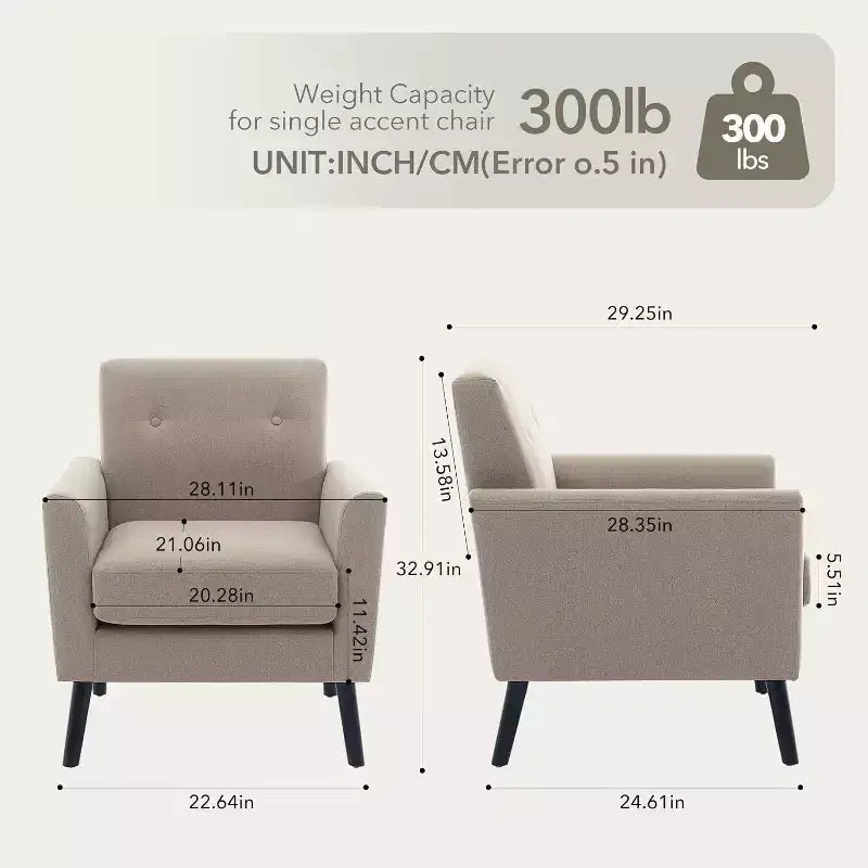 Fauteuil d'appoint en tissu avec pieds en bois, Fauteuil moderne du milieu du siècle pour salon, chambre, appartement