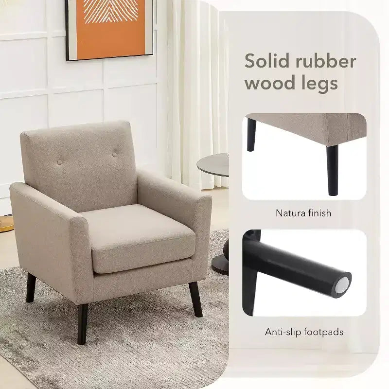 Fauteuil d'appoint en tissu avec pieds en bois, Fauteuil moderne du milieu du siècle pour salon, chambre, appartement
