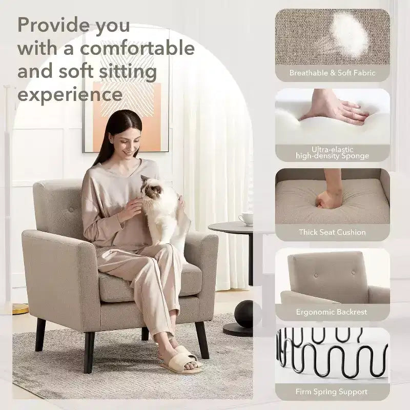 Fauteuil d'appoint en tissu avec pieds en bois, Fauteuil moderne du milieu du siècle pour salon, chambre, appartement