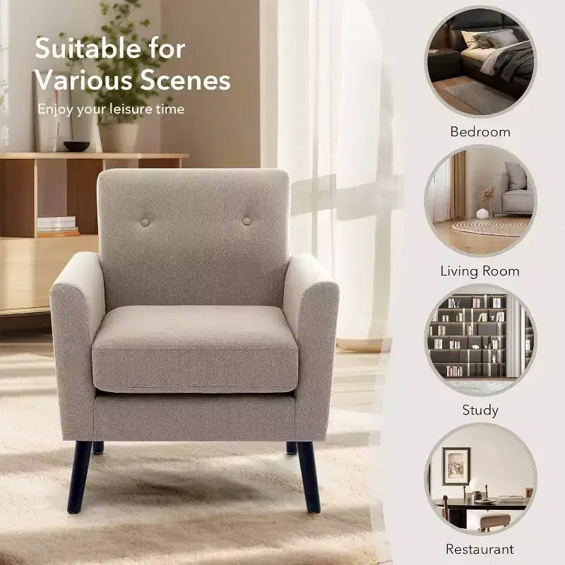 Fauteuil d'appoint en tissu avec pieds en bois, Fauteuil moderne du milieu du siècle pour salon, chambre, appartement