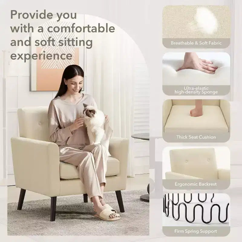 Fauteuil d'appoint en tissu avec pieds en bois, Fauteuil moderne du milieu du siècle pour salon, chambre, appartement