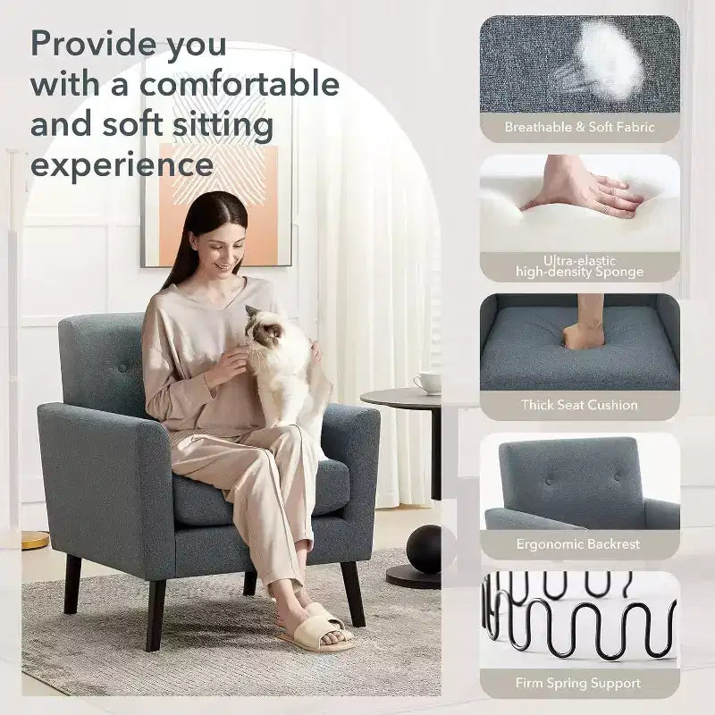 Fauteuil d'appoint en tissu avec pieds en bois, Fauteuil moderne du milieu du siècle pour salon, chambre, appartement