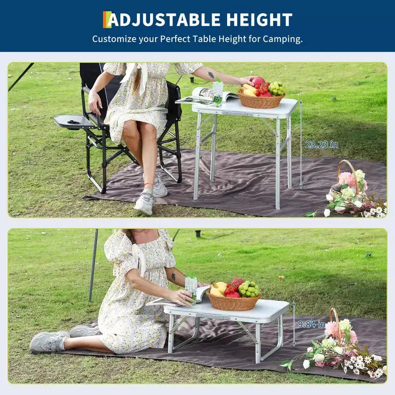 Table de camping pliante en aluminium 24x17 avec plateau en MDF, hauteur réglable (9C23) et table portable légère pour l'intérieur/l'extérieur, les pique-niques à la plage