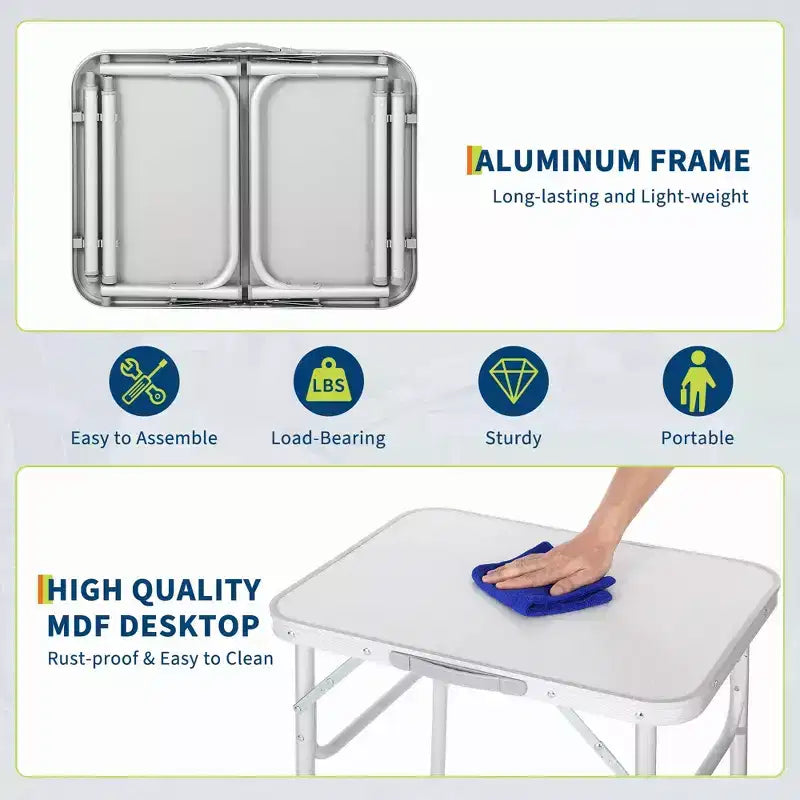 Table de camping pliante en aluminium 24x17 avec plateau en MDF, hauteur réglable (9C23) et table portable légère pour l'intérieur/l'extérieur, les pique-niques à la plage