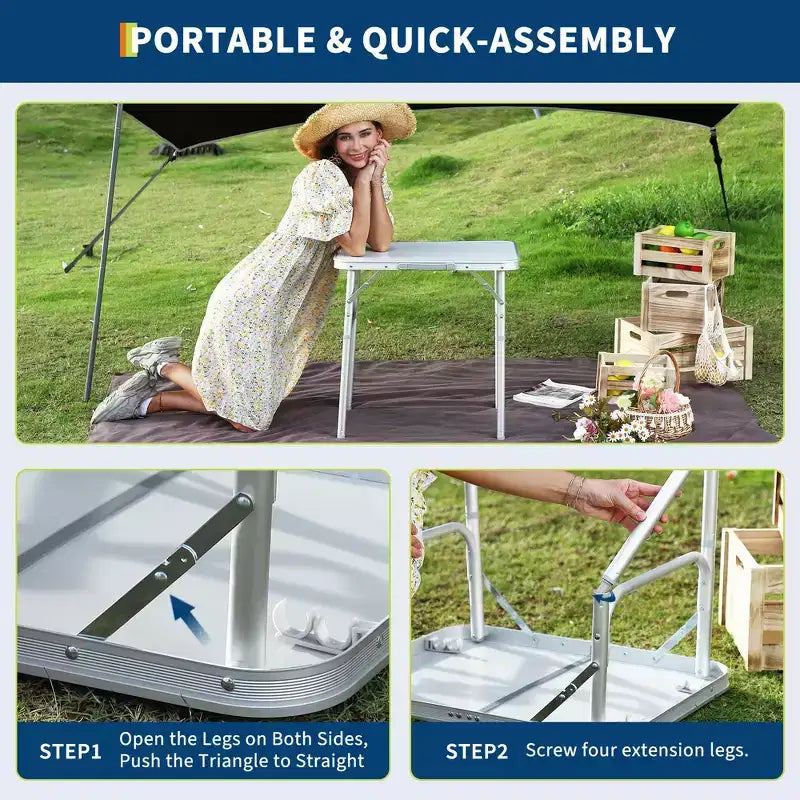 Table de camping pliante en aluminium 24x17 avec plateau en MDF, hauteur réglable (9C23) et table portable légère pour l'intérieur/l'extérieur, les pique-niques à la plage