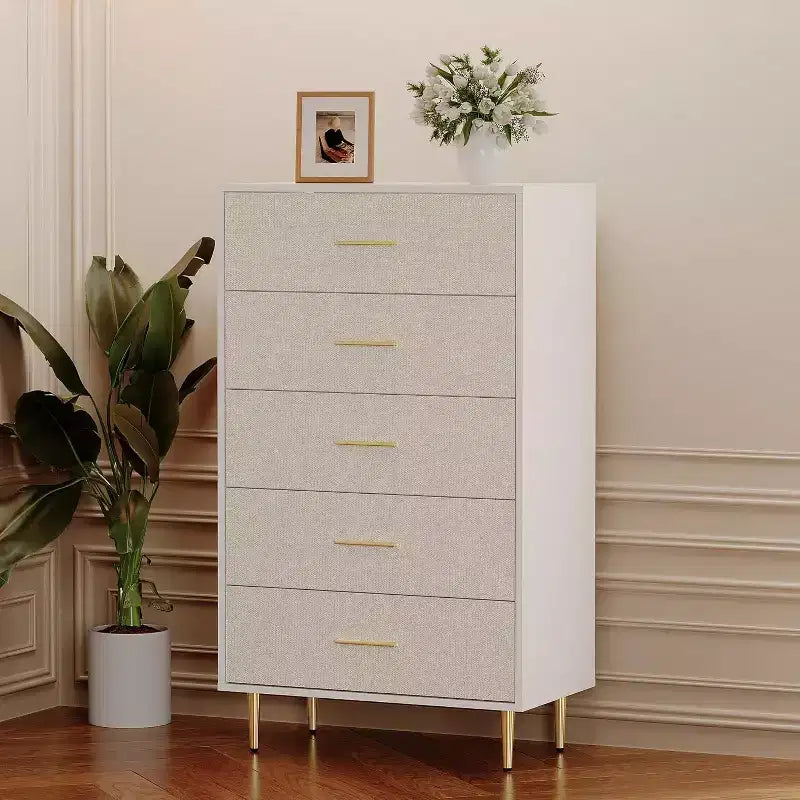 8 Drawer Dresser, White Dresser for Bedroom, Fabric Pattern Chest of Drawer with Gold Metal Handles and Legs for Living Room, Hallway