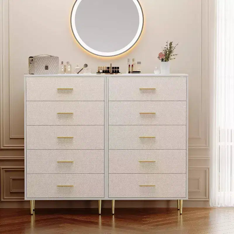 Commode à 8 tiroirs, commode blanche pour chambre à coucher, commode à motif en tissu avec poignées et pieds en métal doré pour salon, couloir