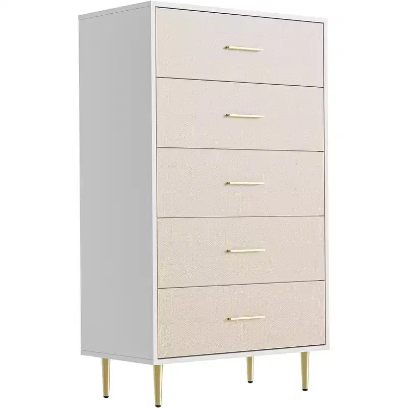 Commode à 8 tiroirs, commode blanche pour chambre à coucher, commode à motif en tissu avec poignées et pieds en métal doré pour salon, couloir