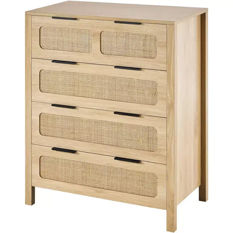 VEVOR 4 Drawer Rattan Dresser, Boho Dresser, Rattan Chest of Drawers with Spacious Storage, Natural Rattan Dresser, Wood Color