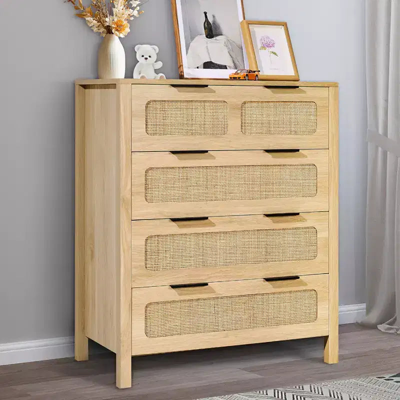 Commode 4 tiroirs en rotin, commode bohème, commode en rotin avec grand espace de rangement, commode en rotin naturel, couleur bois