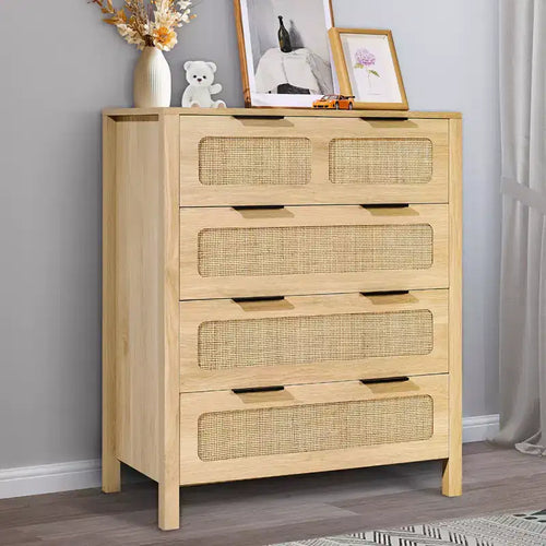 Commode 4 tiroirs en rotin, commode bohème, commode en rotin avec grand espace de rangement, commode en rotin naturel, couleur bois