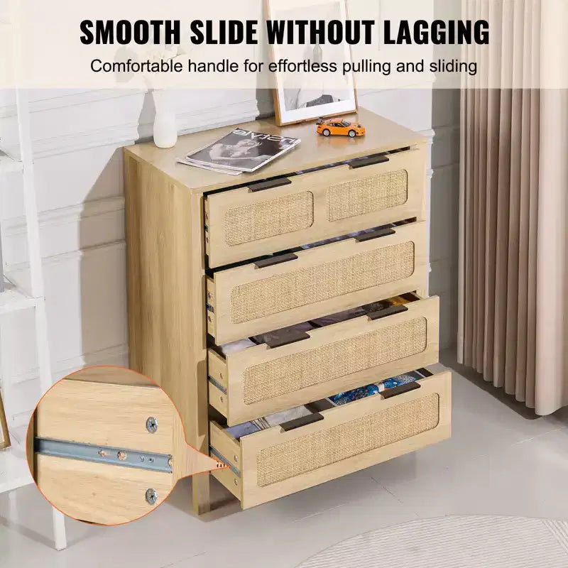 Commode 4 tiroirs en rotin, commode bohème, commode en rotin avec grand espace de rangement, commode en rotin naturel, couleur bois