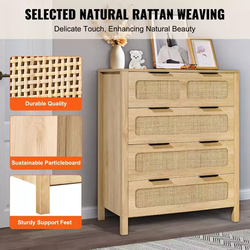 Commode 4 tiroirs en rotin, commode bohème, commode en rotin avec grand espace de rangement, commode en rotin naturel, couleur bois