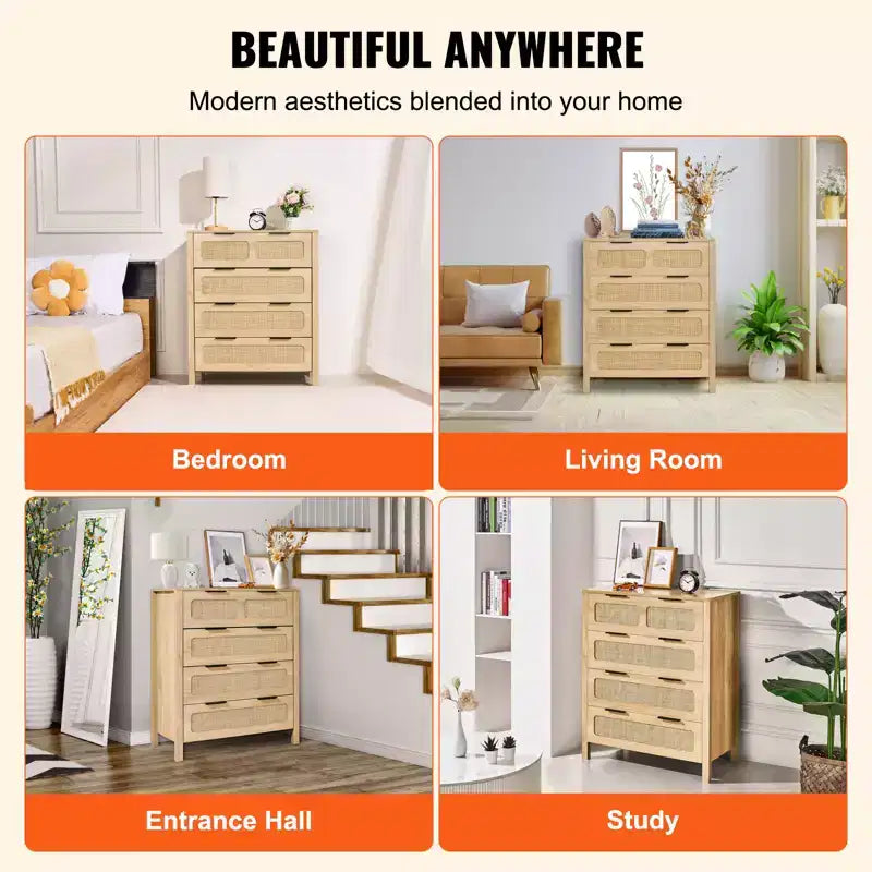 Commode 4 tiroirs en rotin, commode bohème, commode en rotin avec grand espace de rangement, commode en rotin naturel, couleur bois