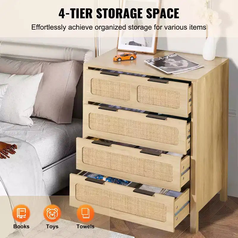 Commode 4 tiroirs en rotin, commode bohème, commode en rotin avec grand espace de rangement, commode en rotin naturel, couleur bois