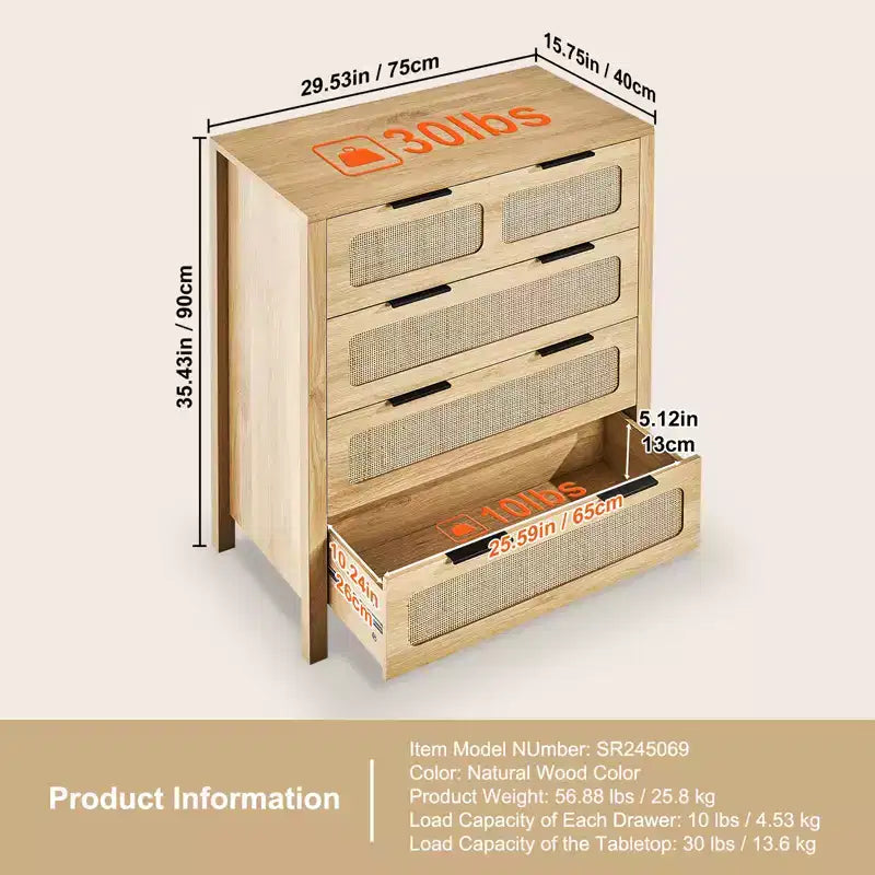 Commode 4 tiroirs en rotin, commode bohème, commode en rotin avec grand espace de rangement, commode en rotin naturel, couleur bois