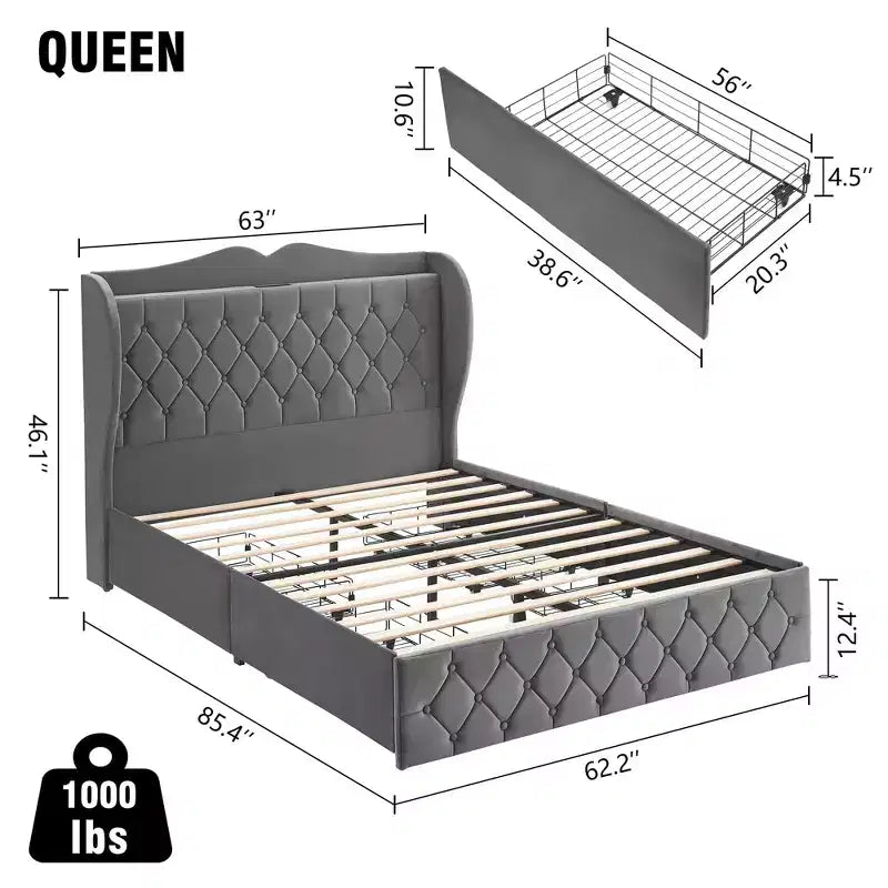 Lit avec 4 tiroirs de rangement et station de recharge, lit plateforme rembourré en velours capitonné avec tête de lit haute et étagère de rangement