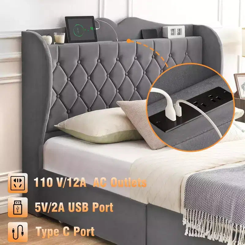 Lit avec 4 tiroirs de rangement et station de recharge, lit plateforme rembourré en velours capitonné avec tête de lit haute et étagère de rangement