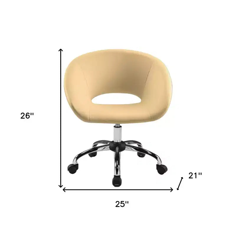 Fauteuil de bureau pivotant et roulant en similicuir beige et argenté, réglable en hauteur